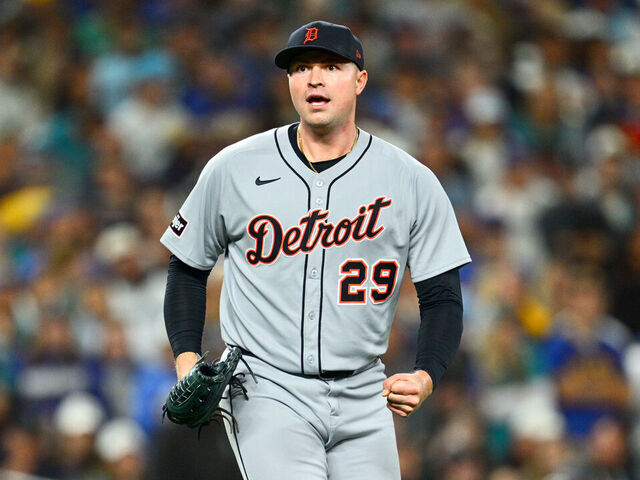 SEATTLE, WA - OCTOBER 10: Tarik Skubal #29 of the Detroit Tigers celebrates after striking out Cal Raleigh of the Seattle Mariners (not pictured) in the sixth inning during Game Five of the American League Division Series presented by Booking.com between the Detroit Tigers and the Seattle Mariners at T-Mobile Park on Friday, October 10, 2025 in Seattle, Washington.