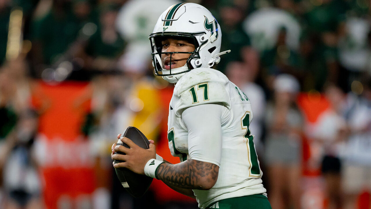 GAINESVILLE, FL - SEPTEMBER 06:South Florida Bulls quarterback Byrum Brown (17) drops back to pass during a college football game between the South Florida Bulls and Florida Gators on September 6th, 2025 at Ben Hill Griffin Stadium in Gainesville, FL.