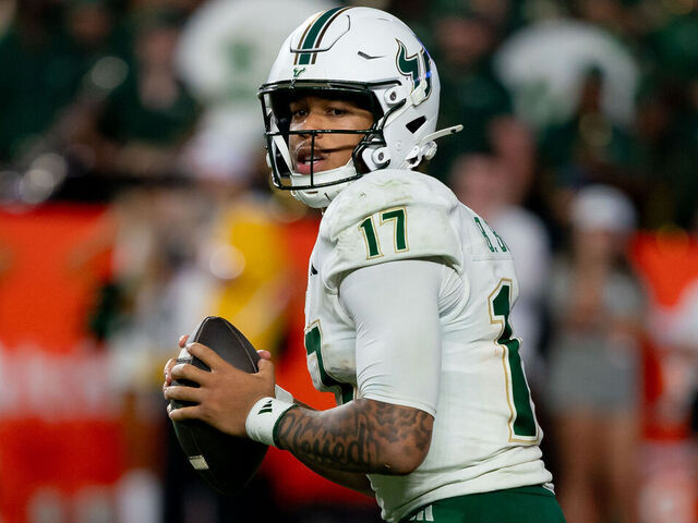 GAINESVILLE, FL - SEPTEMBER 06:South Florida Bulls quarterback Byrum Brown (17) drops back to pass during a college football game between the South Florida Bulls and Florida Gators on September 6th, 2025 at Ben Hill Griffin Stadium in Gainesville, FL.