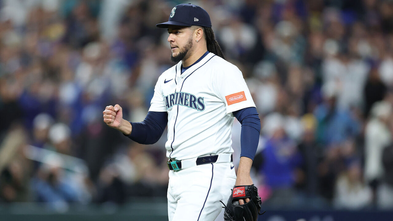 SEATTLE, WASHINGTON - OCTOBER 10: Luis Castillo #58 of the Seattle Mariners celebrates after retiring the side against the Detroit Tigers during the fourteenth inning in game five of the American League Division Series at T-Mobile Park on October 10, 2025 in Seattle, Washington.