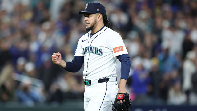SEATTLE, WASHINGTON - OCTOBER 10: Luis Castillo #58 of the Seattle Mariners celebrates after retiring the side against the Detroit Tigers during the fourteenth inning in game five of the American League Division Series at T-Mobile Park on October 10, 2025 in Seattle, Washington.
