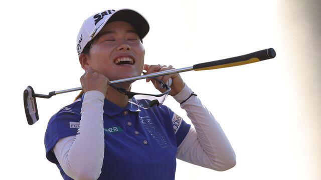 SHANGHAI, CHINA - OCTOBER 11: Minami Katsu of Japan reacts on the 18th green after the third round of the Buick LPGA Shanghai 2025 at Shanghai Qizhong Garden Golf Club on October 11, 2025 in Shanghai, China.
