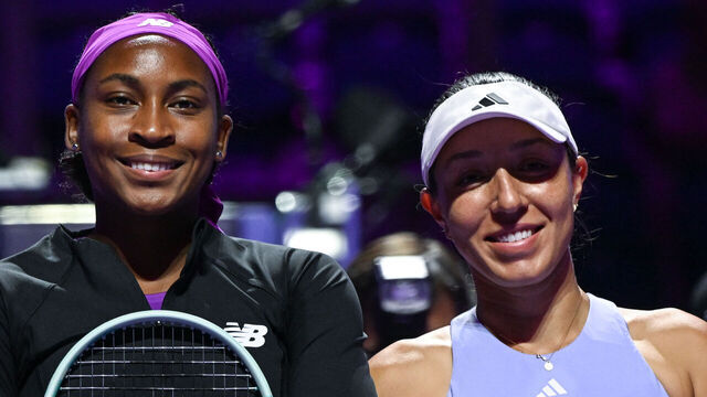 RIYADH, SAUDI ARABIA - NOVEMBER 03: Coco Gauff (L) and Jessica Pegula (R) pose for a photo ahead of their opening match on day 2 of the 2024 WTA Finals, part of the Hologic WTA Tour, held at King Saud University Indoor Arena on November 03, 2024, in Riyadh, Saudi Arabia.