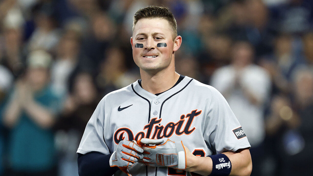 SEATTLE, WASHINGTON - OCTOBER 10: Spencer Torkelson #20 of the Detroit Tigers reacts after striking out against the Seattle Mariners during the first inning in game five of the American League Division Series at T-Mobile Park on October 10, 2025 in Seattle, Washington.