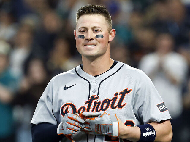 SEATTLE, WASHINGTON - OCTOBER 10: Spencer Torkelson #20 of the Detroit Tigers reacts after striking out against the Seattle Mariners during the first inning in game five of the American League Division Series at T-Mobile Park on October 10, 2025 in Seattle, Washington.
