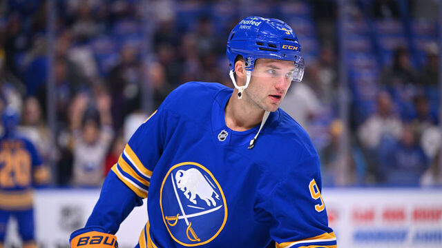 BUFFALO, NEW YORK - OCTOBER 09: Josh Norris #9 of the Buffalo Sabres warms up prior to an NHL game against the New York Rangers at KeyBank Center on October 9, 2025 in Buffalo, New York.