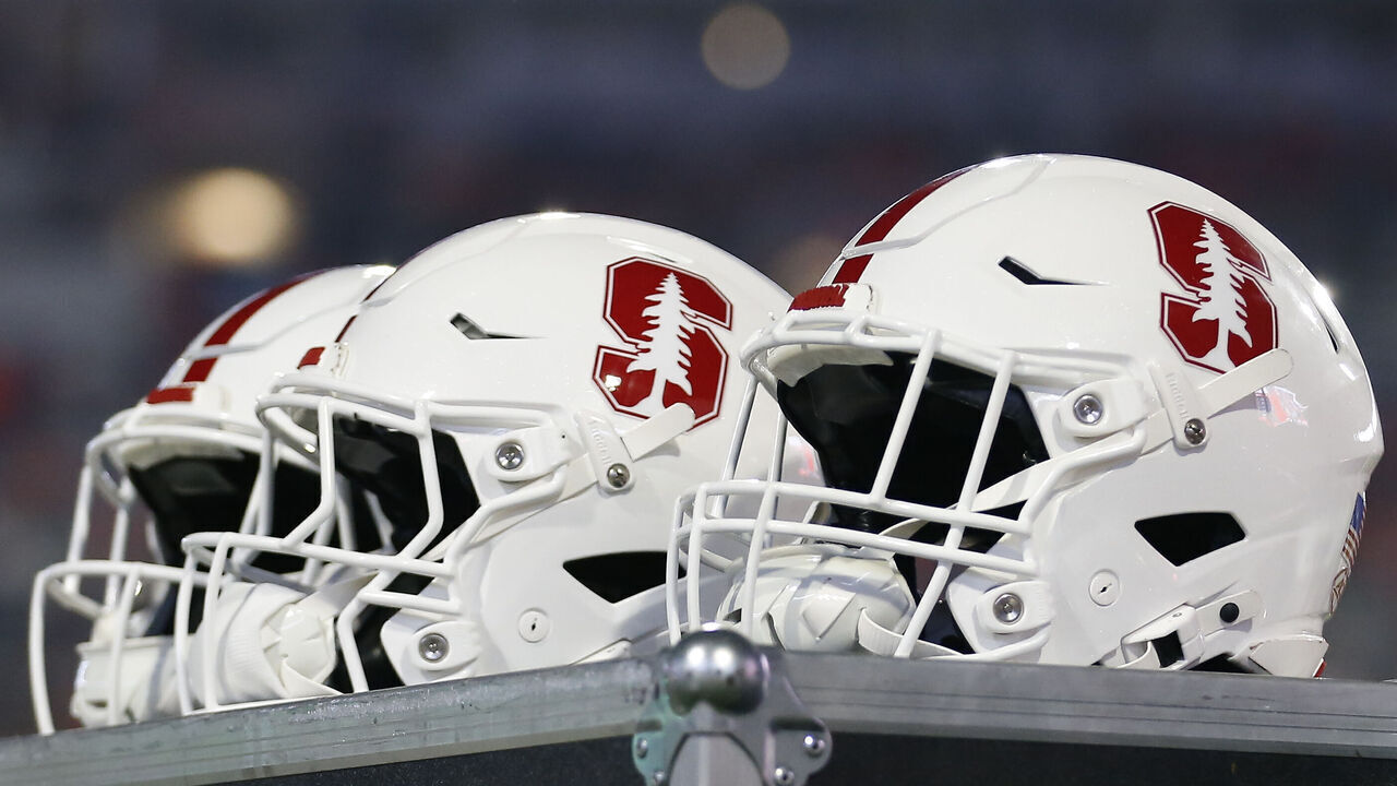 CHARLOTTESVILLE, VA - SEPTEMBER 20: Stanford Cardinal helmets resting on the sidelines during a college football game between the Stanford Cardinal and the Virginia Cavaliers on September 20, 2025, at Scott Stadium in Charlottesville, VA.