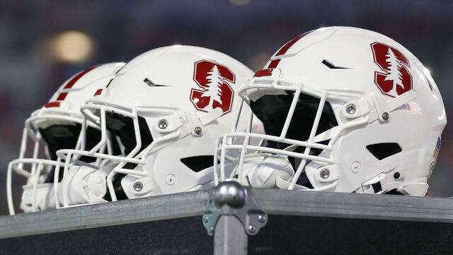 CHARLOTTESVILLE, VA - SEPTEMBER 20: Stanford Cardinal helmets resting on the sidelines during a college football game between the Stanford Cardinal and the Virginia Cavaliers on September 20, 2025, at Scott Stadium in Charlottesville, VA.