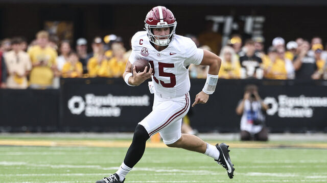 COLUMBIA, MO - OCTOBER 11: Alabama Crimson Tide quarterback Ty Simpson (15) rolls out with the ball in the first quarter of an SEC football game between the Alabama Crimson Tide and Missouri Tigers on October 11, 2025 at Memorial Stadium in Columbia, MO.