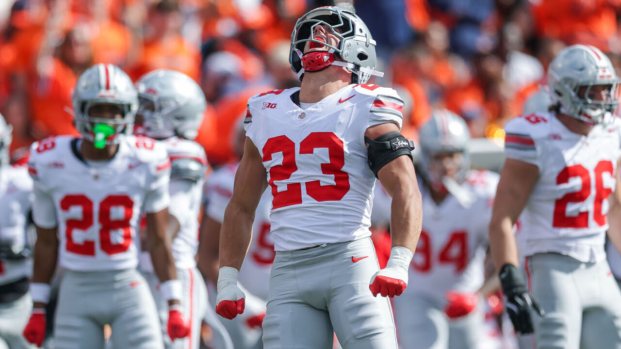 CHAMPAIGN, ILLINOIS - OCTOBER 11: Garrett Stover #23 of the Ohio State Buckeyes reacts during the second half of the NCAA game Illinois Fighting Illini vs Ohio State Buckeyes at Memorial Stadium on October 11, 2025 in Champaign, Illinois.