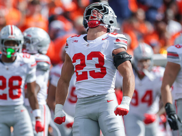 CHAMPAIGN, ILLINOIS - OCTOBER 11: Garrett Stover #23 of the Ohio State Buckeyes reacts during the second half of the NCAA game Illinois Fighting Illini vs Ohio State Buckeyes at Memorial Stadium on October 11, 2025 in Champaign, Illinois.