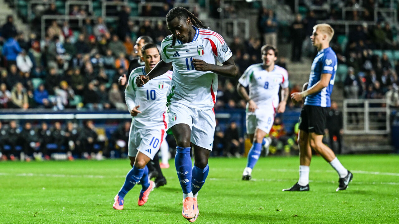 Moise Kean of Italy scores the first goal of the match during the European Qualifier match between Estonia and Italy at Le Coq Arena in Tallinn, Estonia, on October 11.