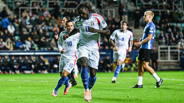 Moise Kean of Italy scores the first goal of the match during the European Qualifier match between Estonia and Italy at Le Coq Arena in Tallinn, Estonia, on October 11.