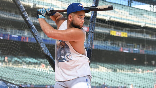 DETROIT, MI - JULY 24: Bo Bichette #11 of the Toronto Blue Jays takes batting practice prior to the game between the Toronto Blue Jays and the Detroit Tigers at Comerica Park on Thursday, July 24, 2025 in Detroit, Michigan.