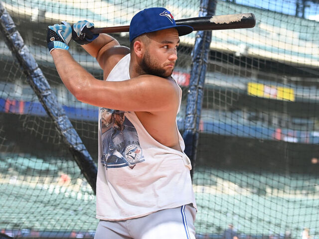 DETROIT, MI - JULY 24: Bo Bichette #11 of the Toronto Blue Jays takes batting practice prior to the game between the Toronto Blue Jays and the Detroit Tigers at Comerica Park on Thursday, July 24, 2025 in Detroit, Michigan.