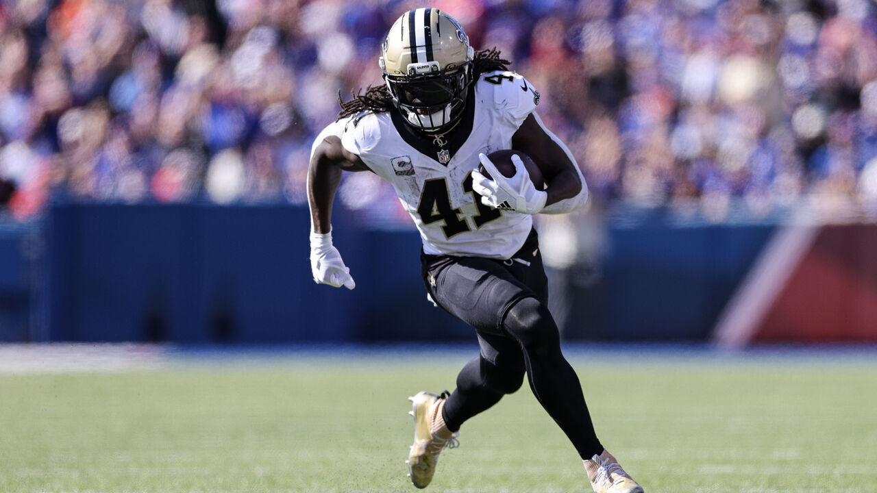 ORCHARD PARK, NEW YORK - SEPTEMBER 28: Alvin Kamara #41 of the New Orleans Saints runs the ball during the third quarter of the NFL 2025 game between New Orleans Saints and Buffalo Bills at Highmark Stadium on September 28, 2025 in Orchard Park, New York.