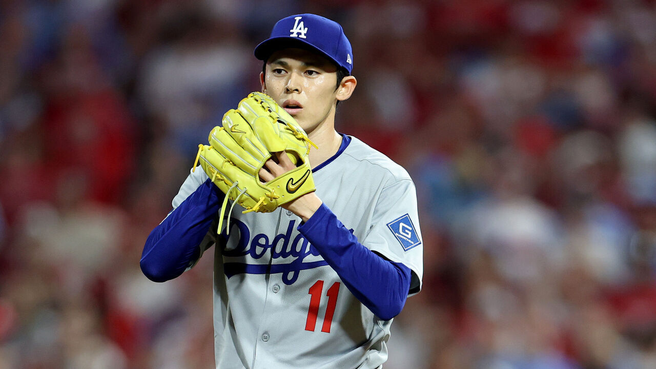 PHILADELPHIA, PENNSYLVANIA - OCTOBER 04: Roki Sasaki #11 of the Los Angeles Dodgers pitches in the ninth inning against the Philadelphia Phillies in game one of the Division Series at Citizens Bank Park on October 04, 2025 in Philadelphia, Pennsylvania.