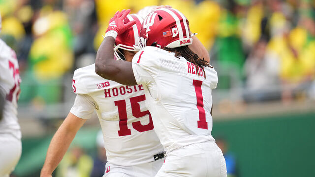 EUGENE, OREGON - OCTOBER 11: Roman Hemby #1 of the Indiana Hoosiers celebrates with Fernando Mendoza #15 after a touchdown during the first half against the Oregon Ducks at Autzen Stadium on October 11, 2025 in Eugene, Oregon.