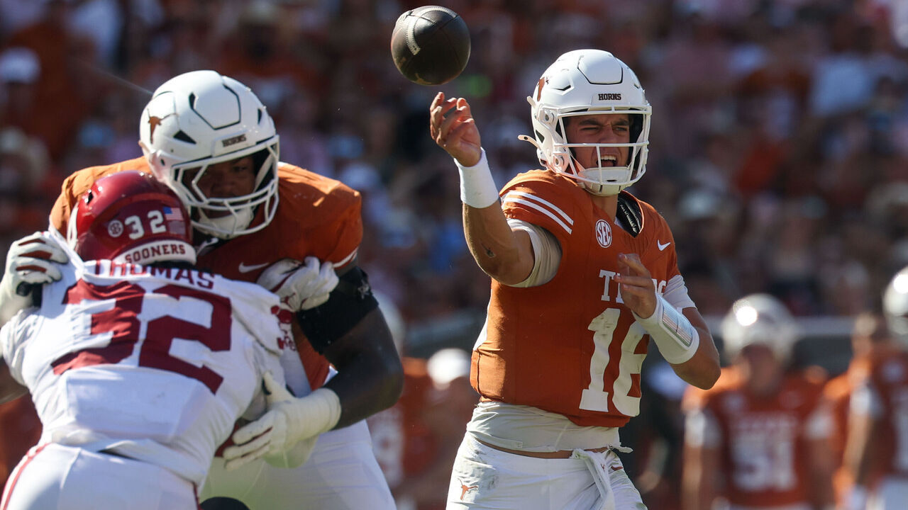 DALLAS, TX - OCTOBER 11: Quarterback Arch Manning #16 of the Texas Longhorns passes the ball from the pocket during the Allstate Red River Rivalry between Oklahoma and Texas on October 11, 2025, at Cotton Bowl Stadium in Dallas, TX.