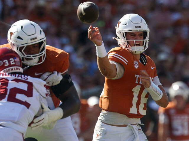 DALLAS, TX - OCTOBER 11: Quarterback Arch Manning #16 of the Texas Longhorns passes the ball from the pocket during the Allstate Red River Rivalry between Oklahoma and Texas on October 11, 2025, at Cotton Bowl Stadium in Dallas, TX.