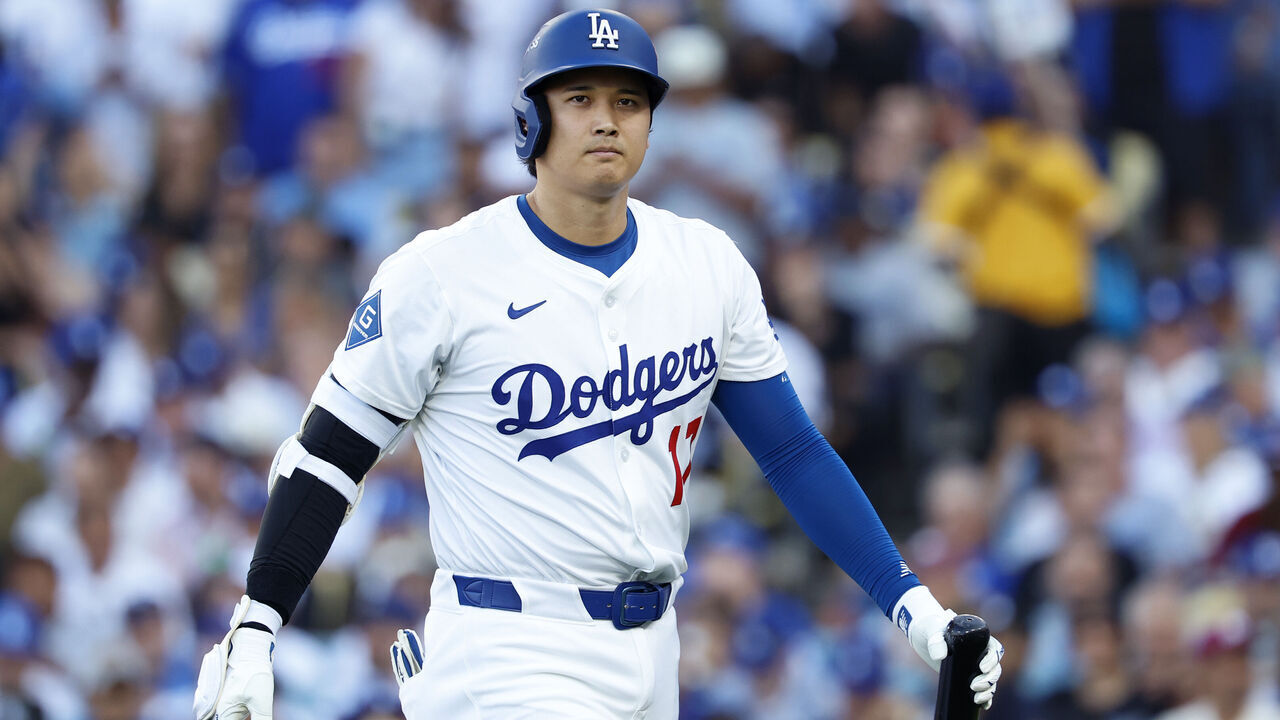 LOS ANGELES, CALIFORNIA - OCTOBER 09: Shohei Ohtani #17 of the Los Angeles Dodgers walks to the dugout after striking out during the sixth inning against the Philadelphia Phillies in game four of the National League Division Series at Dodger Stadium on October 09, 2025 in Los Angeles, California.