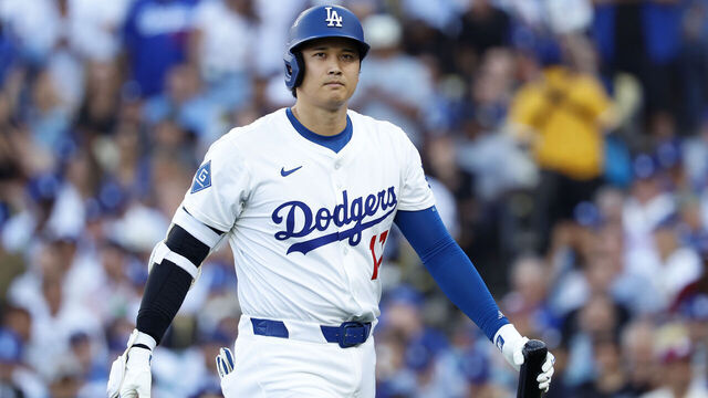 LOS ANGELES, CALIFORNIA - OCTOBER 09: Shohei Ohtani #17 of the Los Angeles Dodgers walks to the dugout after striking out during the sixth inning against the Philadelphia Phillies in game four of the National League Division Series at Dodger Stadium on October 09, 2025 in Los Angeles, California.