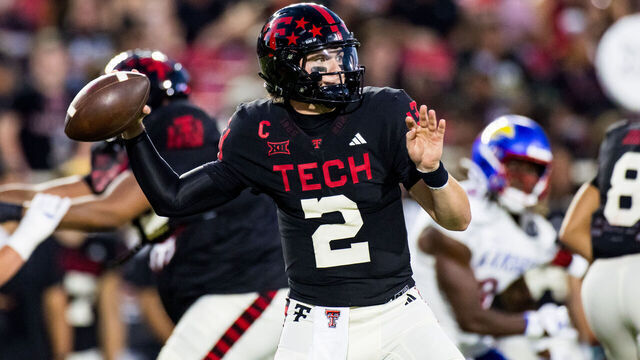 LUBBOCK, TEXAS - OCTOBER 11: Behren Morton #2 of the Texas Tech Red Raiders passes the ball during the first half of the game against the Kansas Jayhawks at Jones AT&T Stadium on October 11, 2025 in Lubbock, Texas.