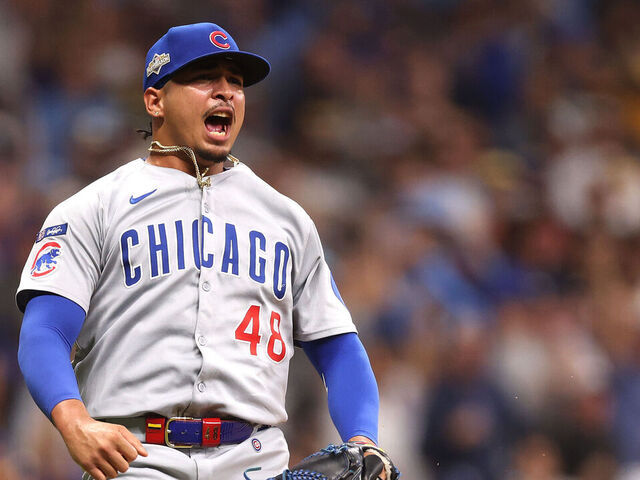 MILWAUKEE, WISCONSIN - OCTOBER 11: Daniel Palencia #48 of the Chicago Cubs reacts in the fifth inning during game five of the National League Division Series against the Milwaukee Brewers at American Family Field on October 11, 2025 in Milwaukee, Wisconsin.