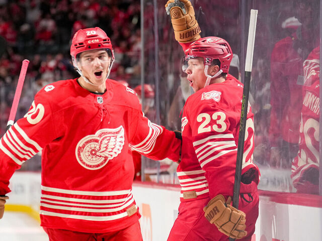 DETROIT, MICHIGAN - OCTOBER 11: Albert Johansson #20 and Lucas Raymond #23 of the Detroit Red Wings celebratea Raymond's goal against the Toronto Maple Leafs during the second period at Little Caesars Arena on October 11, 2025 in Detroit, Michigan.