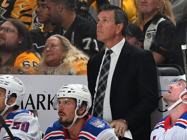 PITTSBURGH, PA - OCTOBER 11: Mike Sullivan of the New York Rangers looks on against the Pittsburgh Penguins at PPG PAINTS Arena on October 11, 2025 in Pittsburgh, Pennsylvania.