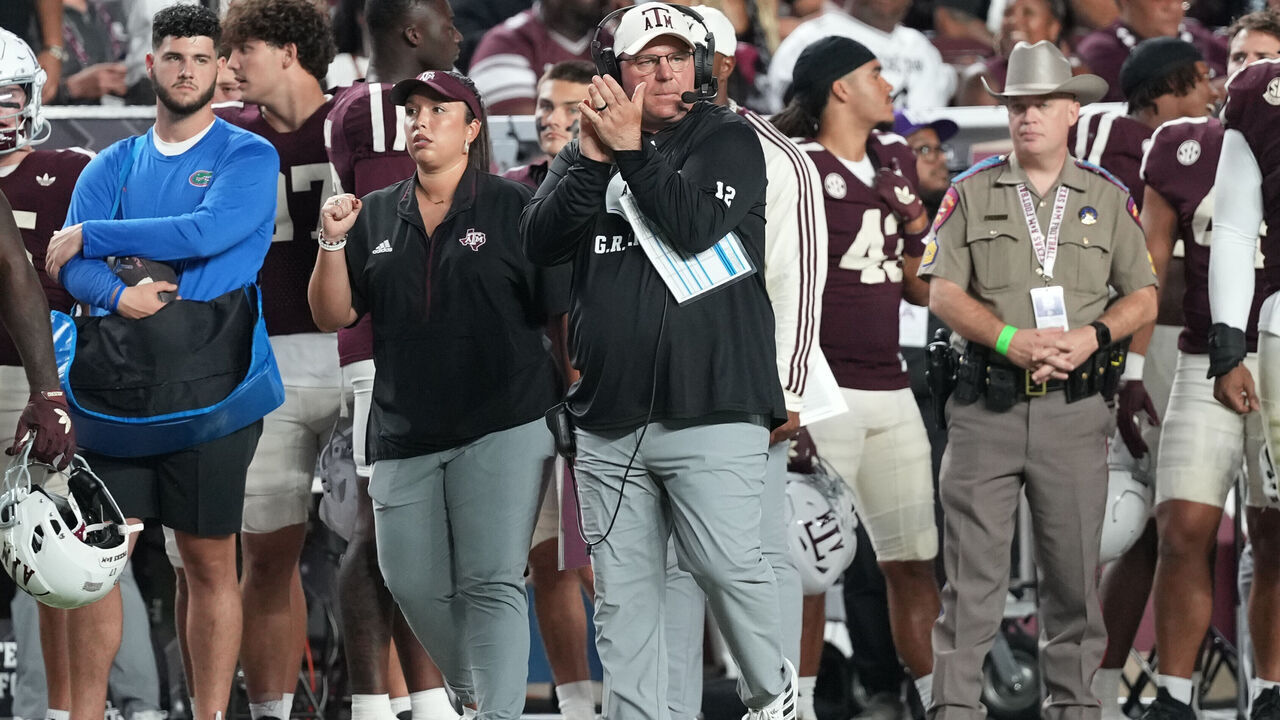 COLLEGE STATION, TEXAS - OCTOBER 11: Texas A&M Aggies head coach Mike Elko during the second half against the Florida Gators at Kyle Field on October 11, 2025 in College Station, Texas.