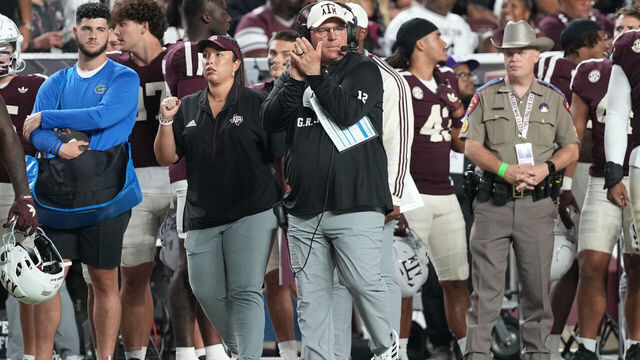 COLLEGE STATION, TEXAS - OCTOBER 11: Texas A&M Aggies head coach Mike Elko during the second half against the Florida Gators at Kyle Field on October 11, 2025 in College Station, Texas.