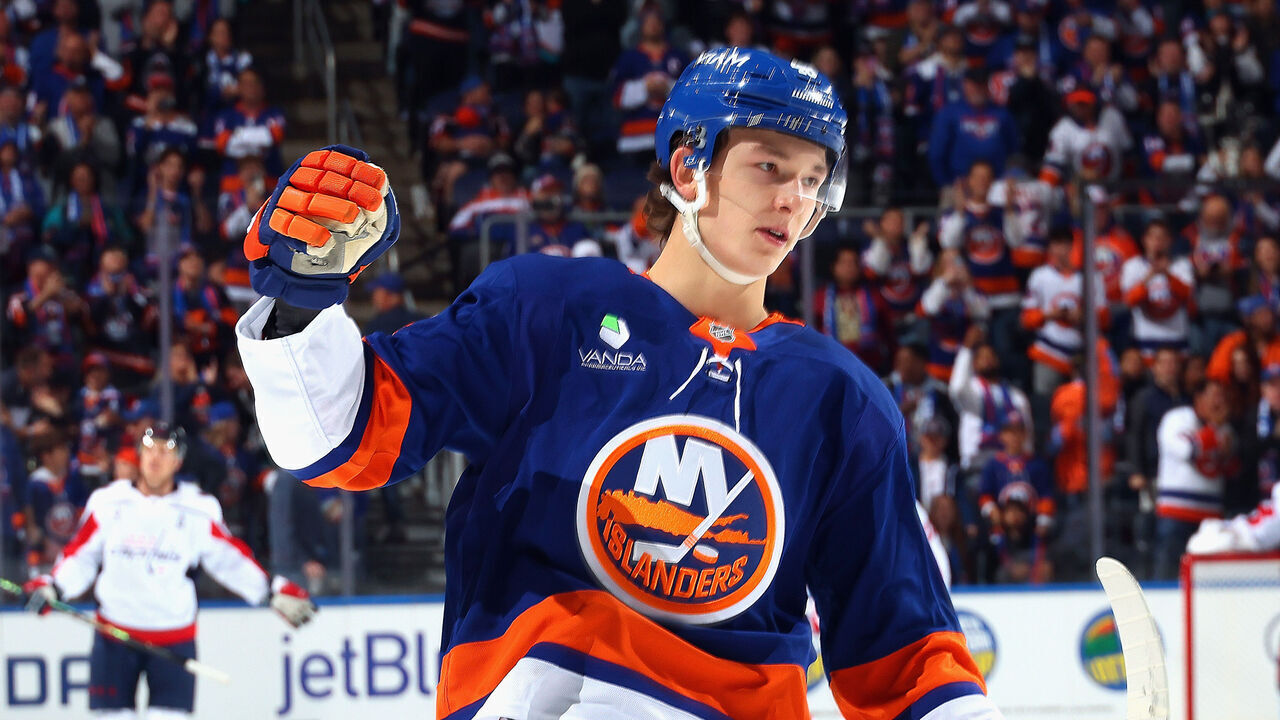 ELMONT, NEW YORK - OCTOBER 11: Matthew Schaefer #48 of the New York Islanders celebrates his first NHL goal during the third period against the Washington Capitals at UBS Arena on October 11, 2025 in Elmont, New York.