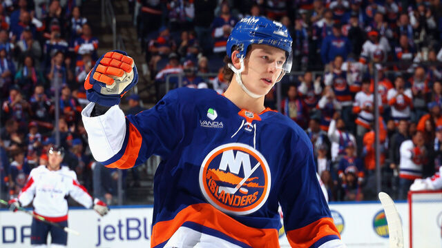 ELMONT, NEW YORK - OCTOBER 11: Matthew Schaefer #48 of the New York Islanders celebrates his first NHL goal during the third period against the Washington Capitals at UBS Arena on October 11, 2025 in Elmont, New York.