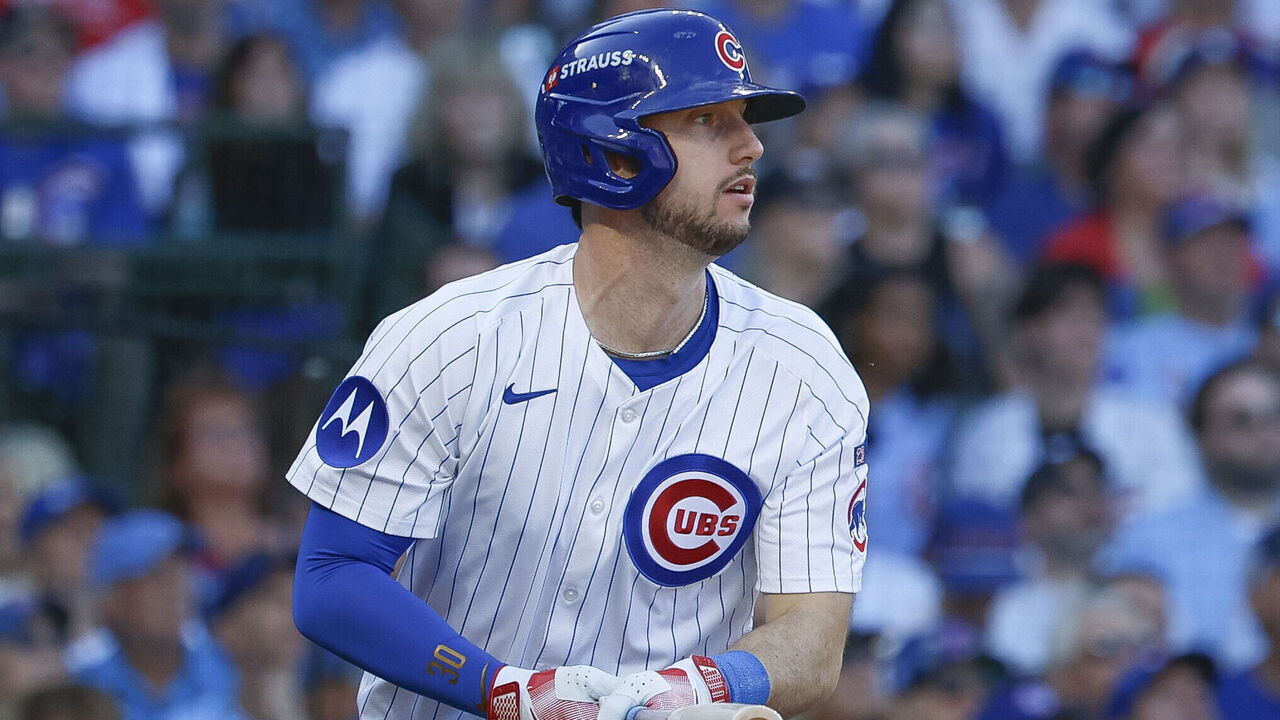CHICAGO, ILLINOIS - SEPTEMBER 30: Kyle Tucker #30 of the Chicago Cubs hits a fly out in the sixth inning during game one of the National League Wild Card Series against the San Diego Padres at Wrigley Field on September 30, 2025 in Chicago, Illinois.