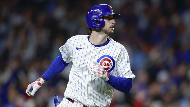 CHICAGO, ILLINOIS - OCTOBER 9: Kyle Tucker #30 of the Chicago Cubs watches his ball in flight after hitting a solo home run in the seventh inning during game four of the National League Division Series against the Milwaukee Brewers at Wrigley Field on October 9, 2025 in Chicago, Illinois.