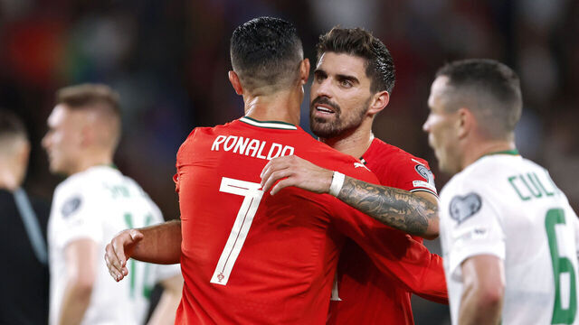 LISBON, PORTUGAL - OCTOBER 11: (L-R) Cristiano Ronaldo of Portugal, Ruben Neves of Portugal celebrating the victory after the match during the World Cup Qualifier match between Portugal v Republic of Ireland at the Estadio Jose Alvalade on October 11, 2025 in Lisbon Portugal