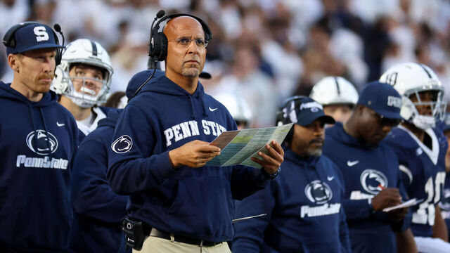 STATE COLLEGE, PENNSYLVANIA - OCTOBER 11: Head Coach James Franklin of the Penn State Nittany Lions looks on during the fourth quarter against the Northwestern Wildcats at Beaver Stadium on October 11, 2025 in State College, Pennsylvania.