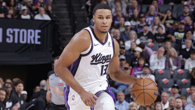 SACRAMENTO, CA - OCTOBER 8: Keegan Murray #13 of the Sacramento Kings dribbles the ball during the game against the Toronto Raptors during a NBA Preseason game on October 8, 2025 at Golden 1 Center in Sacramento, California. Mandatory Copyright Notice: Copyright 2025 NBAE
