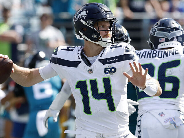 JACKSONVILLE, FLORIDA - OCTOBER 12: Sam Darnold #14 of the Seattle Seahawks throws a pass during the first half against the Jacksonville Jaguars in the game at EverBank Stadium on October 12, 2025 in Jacksonville, Florida.