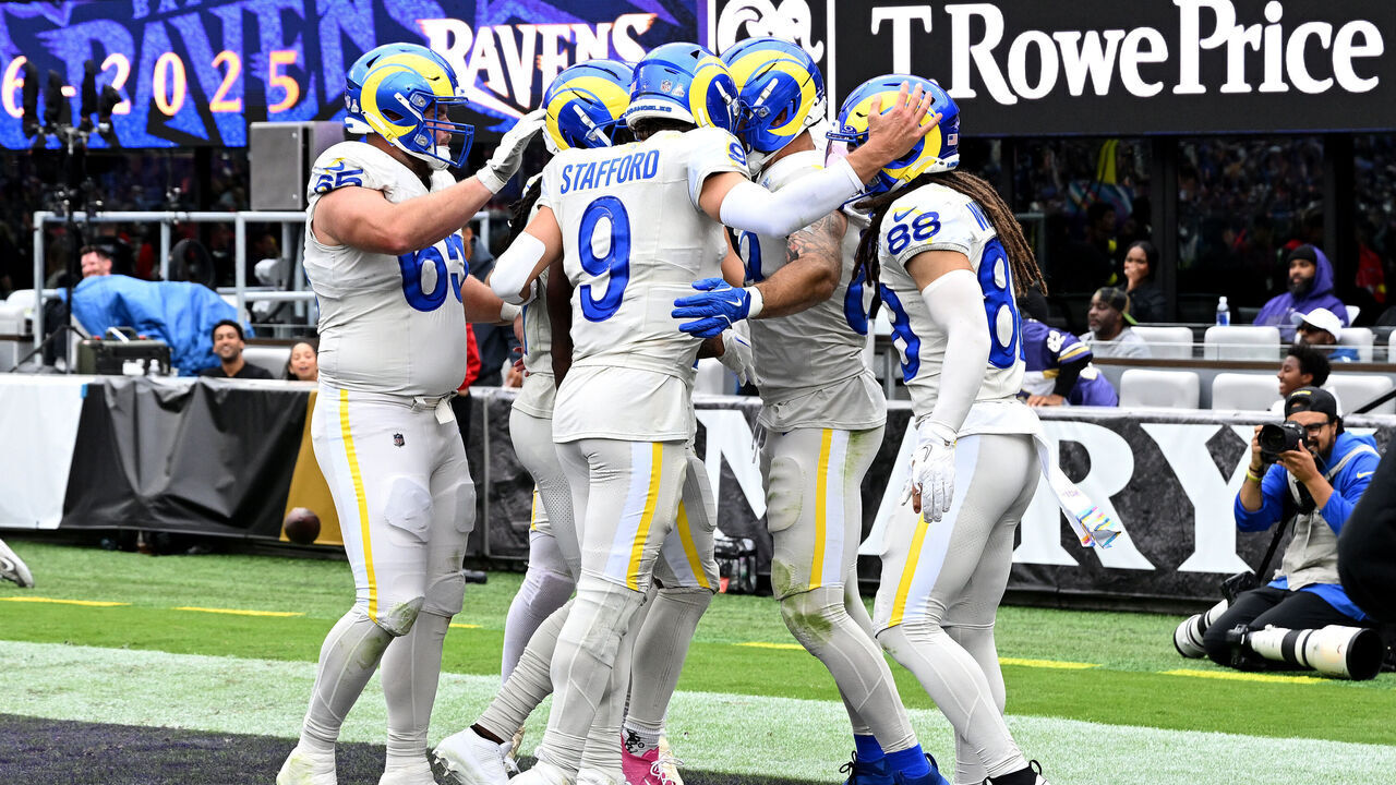 BALTIMORE, MARYLAND - OCTOBER 12: Tyler Higbee #89 of the Los Angeles Rams celebrates with teammates after a touchdown during the third quarter against the Baltimore Ravens in the game at M&T Bank Stadium on October 12, 2025 in Baltimore, Maryland.