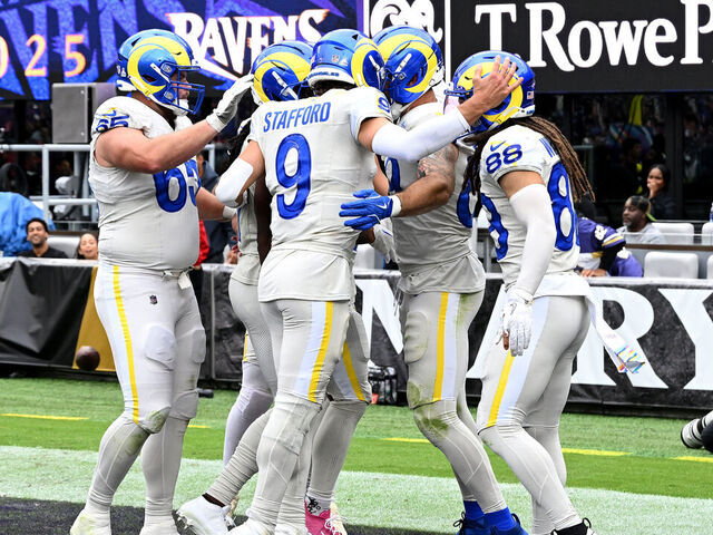 BALTIMORE, MARYLAND - OCTOBER 12: Tyler Higbee #89 of the Los Angeles Rams celebrates with teammates after a touchdown during the third quarter against the Baltimore Ravens in the game at M&T Bank Stadium on October 12, 2025 in Baltimore, Maryland.