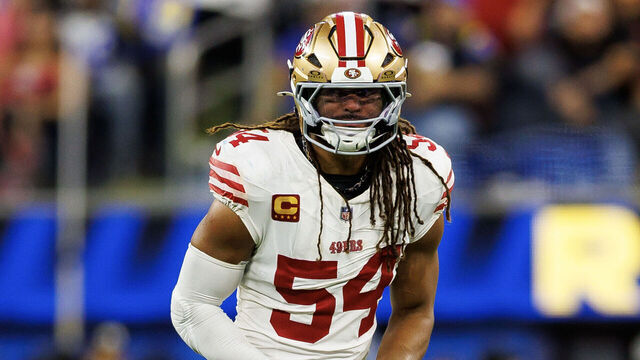 INGLEWOOD, CALIFORNIA - OCTOBER 2: Fred Warner #54 of the San Francisco 49ers stands on the field during overtime of an NFL football game against the Los Angeles Rams at SoFi Stadium on October 02, 2025 in Inglewood, California.
