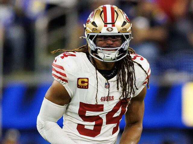 INGLEWOOD, CALIFORNIA - OCTOBER 2: Fred Warner #54 of the San Francisco 49ers stands on the field during overtime of an NFL football game against the Los Angeles Rams at SoFi Stadium on October 02, 2025 in Inglewood, California.