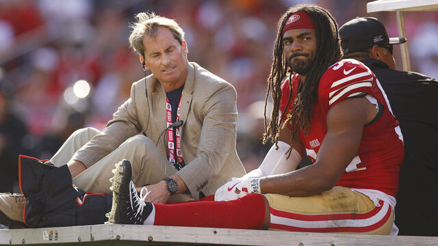 TAMPA, FLORIDA - OCTOBER 12: Fred Warner #54 of the San Francisco 49ers is carted off of the field after being injured during the first quarter against the Tampa Bay Buccaneers in the game at Raymond James Stadium on October 12, 2025 in Tampa, Florida.