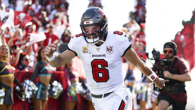 TAMPA, FLORIDA - OCTOBER 12: Baker Mayfield #6 of the Tampa Bay Buccaneers runs onto the field prior to an NFL football game against the San Francisco 49ers at Raymond James Stadium on October 12, 2025 in Tampa, Florida.