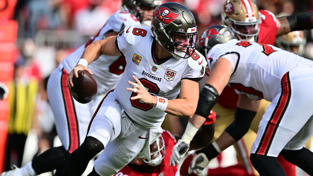 TAMPA, FLORIDA - OCTOBER 12: Baker Mayfield #6 of the Tampa Bay Buccaneers carries the ball against the San Francisco 49ers during the first quarter in the game at Raymond James Stadium on October 12, 2025 in Tampa, Florida.