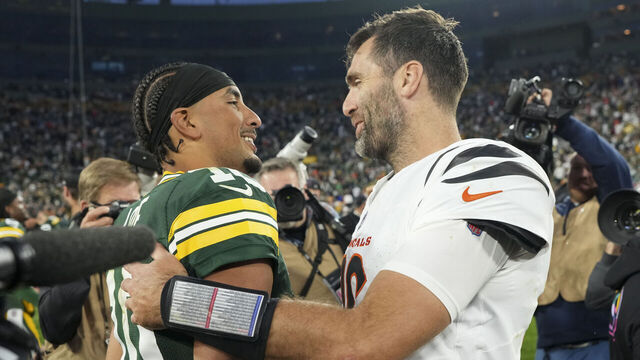 GREEN BAY, WISCONSIN - OCTOBER 12: Jordan Love #10 of the Green Bay Packers and Joe Flacco #16 of the Cincinnati Bengals interact after an NFL football game at Lambeau Field on October 12, 2025 in Green Bay, Wisconsin.