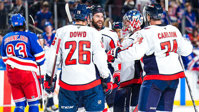 NEW YORK, NEW YORK - OCTOBER 12: Charlie Lindgren #79 of the Washington Capitals celebrates with teammates after a 1-0 win against the New York Rangers at Madison Square Garden on October 12, 2025 in New York City.