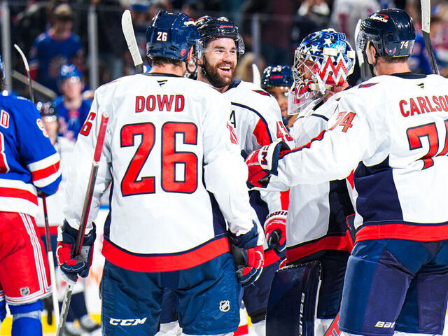 NEW YORK, NEW YORK - OCTOBER 12: Charlie Lindgren #79 of the Washington Capitals celebrates with teammates after a 1-0 win against the New York Rangers at Madison Square Garden on October 12, 2025 in New York City.